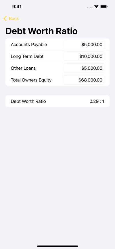 Debt Worth Ratio Calculator Screenshot